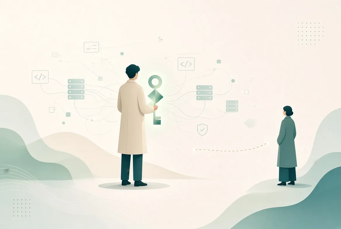 A person holding a glowing key among their servers and code, while the person they trust waits to take over